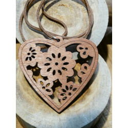 PENDENTIF COEUR EN BOIS ET CUIR